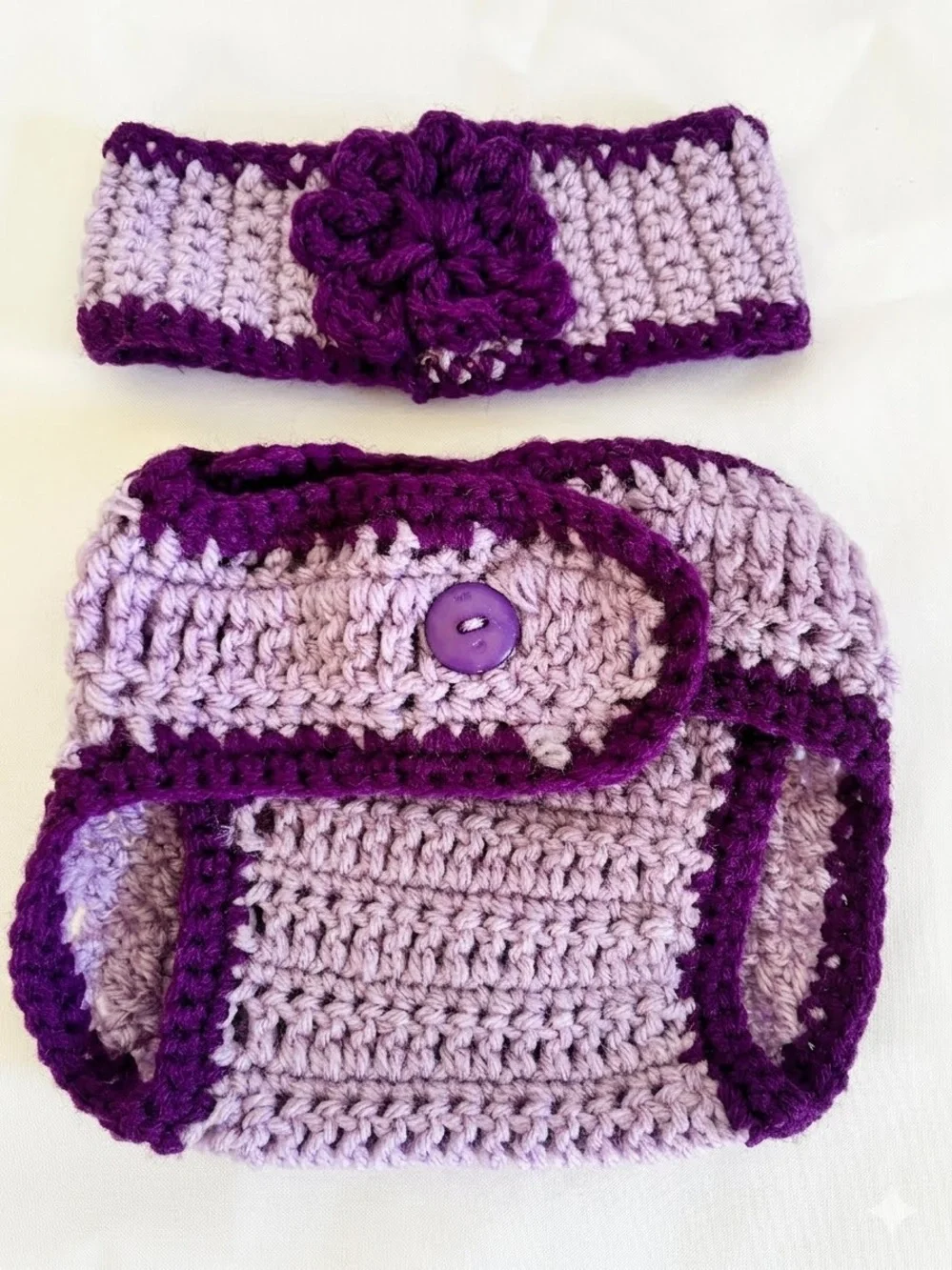 Hand‑Knit Baby Diaper Cover & Headband Lilac/Purple Newborn Photo Prop Soft Yarn